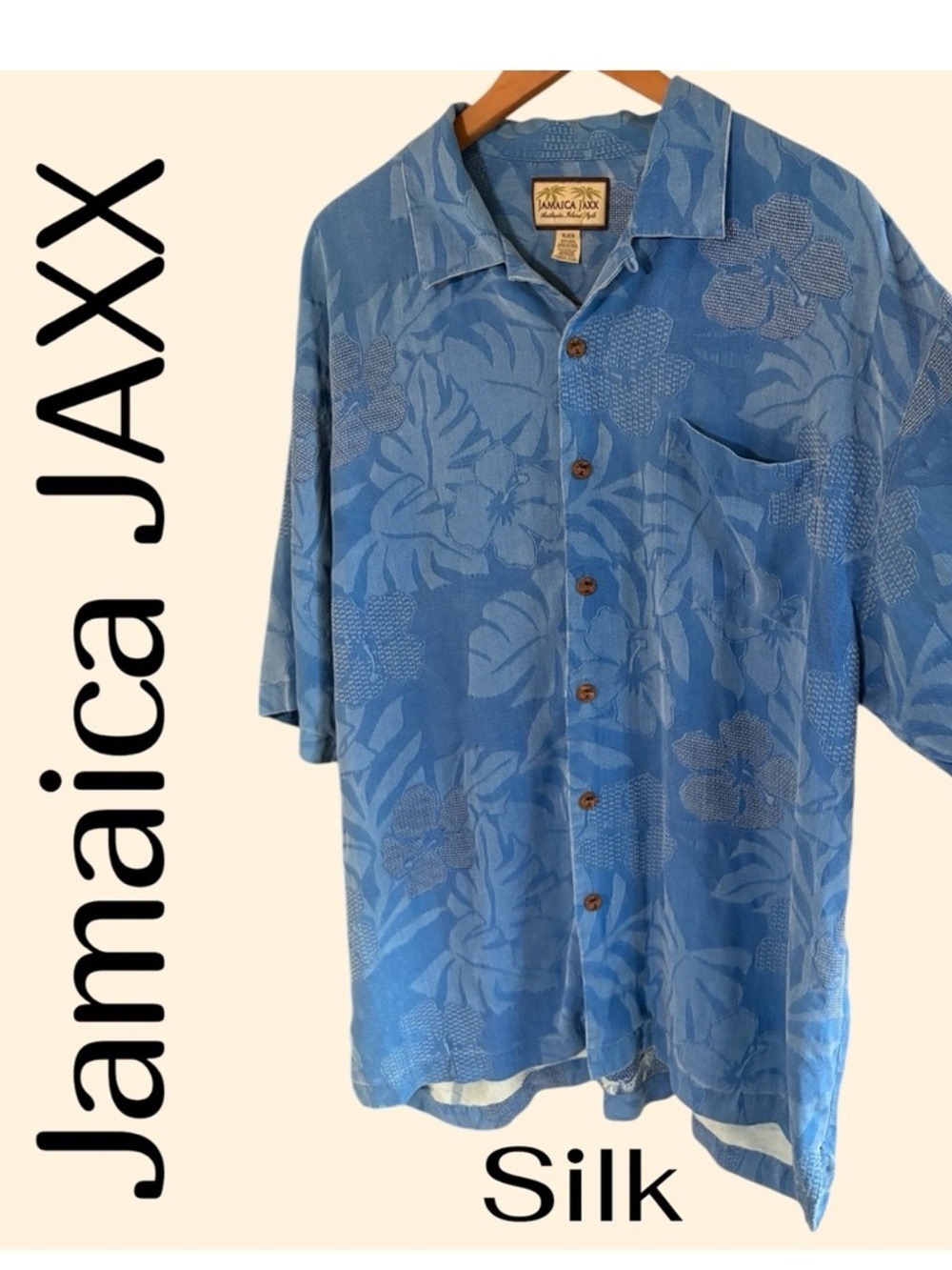 Jamaica Jaxx 100% Silk Hawaiian Shirt XL Blue Tropical Floral Button Up. EUC!